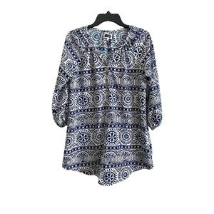 MUDPIE, WOMENS, BLUE & WHITE, PRINT TUNIC. GATHERED, NOTCHED NECKLINE. SIZE S
